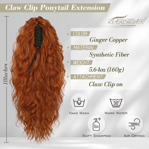 BARSDAR Copper Ponytail Extension - 18 Inch Claw Clip Ponytail Extensions for Women - Curly Wavy Multi Layered Synthetic Fake Clip in Pony Tails Hairpieces Daily Party - Ginger Copper