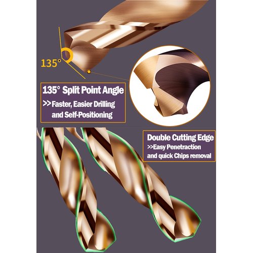 HSS Cobalt Drill Bit Set 9/64 Inch 10Pcs M35 Co Twist Jobber Length Steel Metal Drill Bits