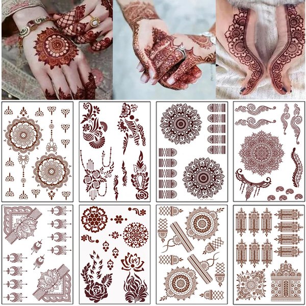 8 Sheets Red Brown Temporary Tattoo Stickers Lace Floral Temporary Waterproof Fake Tattoo Design for Women Festivals Wedding Masquerade Party Decorations Body Art Long Lasting Stickers