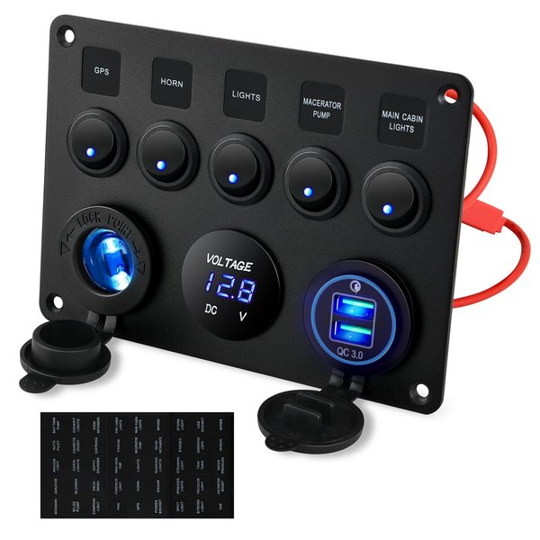 Kohree 5 Gang Rocker Switch Panel 12V Waterproof Toggle Switch Panel Led Aluminum Digital Voltmeter Display QC 3.0 Dual USB Charger Port DC 12/24 Volt Socket for RV Boat Car Vehicles Truck Marine