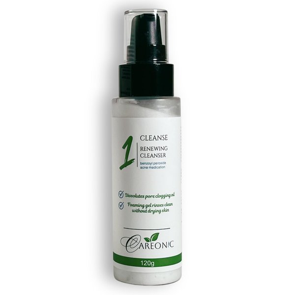 Careonic Renewing Cleanser - Acne Fighting Benzoyl Peroxide Face Wash, Hyaluronic Acid, Purifying Foaming Face Cleanser with Exfoliating Beads, 120 gram