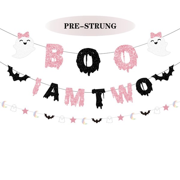 Boo I'm Two Halloween Banner and Ghost Bat Moon Star Garland Pink Black Glitter- Halloween 2nd Birthday Party Decorations for Girl, Here for the Boos Baby Shower Decorations