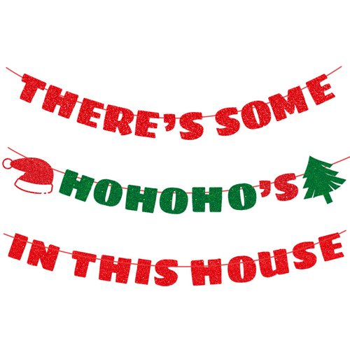 THERE'S SOME HOHOHO'S IN THIS HOUSE Glitter Funny Christmas Banner Funky Holiday Decorations for Party Home Office Fireplace Mantel Birthday Naughty Xmas Sign, Red & Green