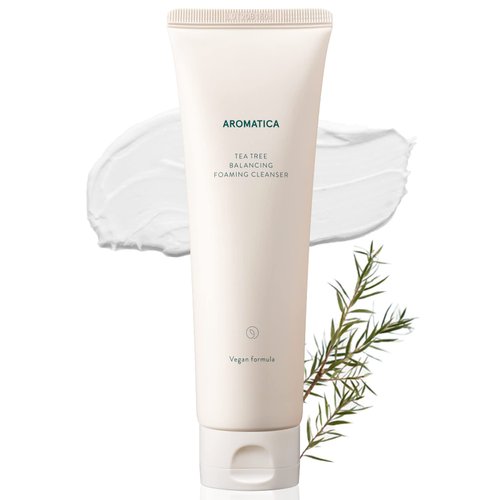 AROMATICA Tea Tree Balancing Foaming Cleanser 6.35oz / 180g, Vegan Double Cleanser Face Wash For Oily Skin, EWG Verified
