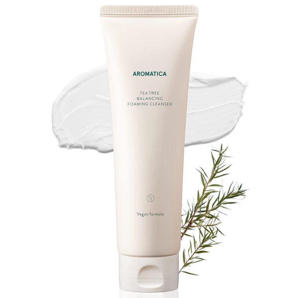 AROMATICA Tea Tree Balancing Foaming Cleanser 6.35oz / 180g, Vegan Double Cleanser Face Wash For Oily Skin, EWG Verified