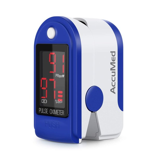 AccuMed CMS-50DL Fingertip Pulse Oximeter Blood Oxygen SpO2 Sports and Aviation Fingertip Monitor w/Carrying case, Lanyard Silicon Case & Battery (Blue)