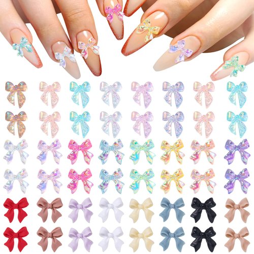 HINZIC 240 Pcs Aurora Bow Nail Charm 3D Bows Nail Charm Colorful Bowknot Nail Charm for Acrylic Nails Cute Butterfly Pearl Resin Rhinestone Glitter Valentines Wedding Prom Accessories for Art Crafts