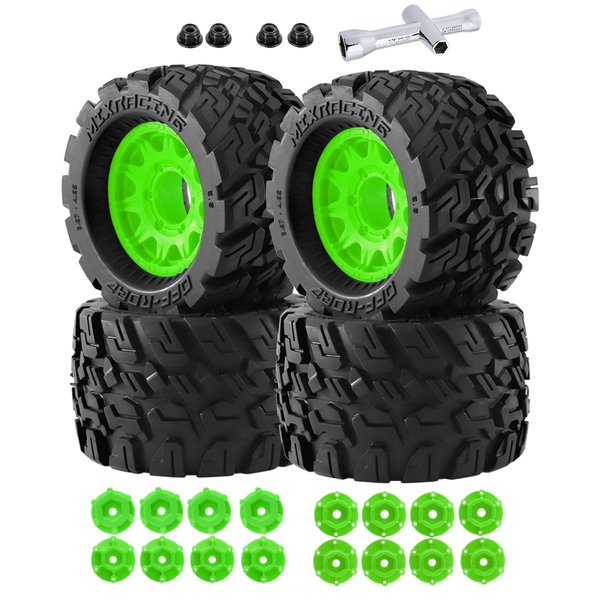 Rcarmumb RC Truck Wheel Tires for 1/10 Rustler Stampede Hoss,Arrm a Granite Vorteks Big Rock,Axial Losi Redcat Rc4wd,12mm/14mm Hex Rc Truck Tires,4pcs,Green
