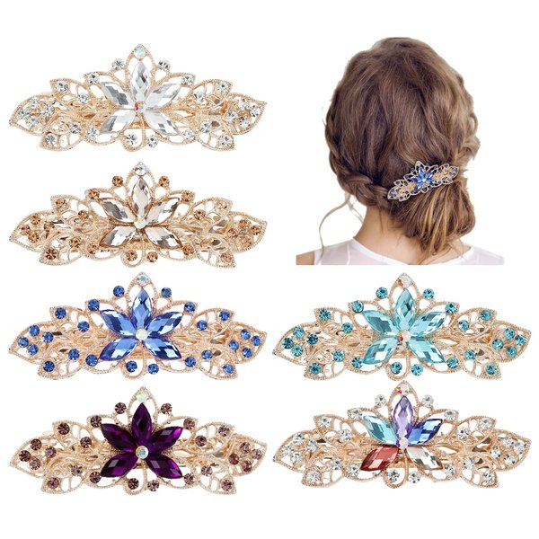 Lawie 6 Pack Fancy Delicate Jeweled Gems Rhinestone Sparkly Glitter Flower French Barrette Metal Hair Clips Bun Chignon Twist Hairpins Ponytail Holder Headpiece Accessories for Women Girl