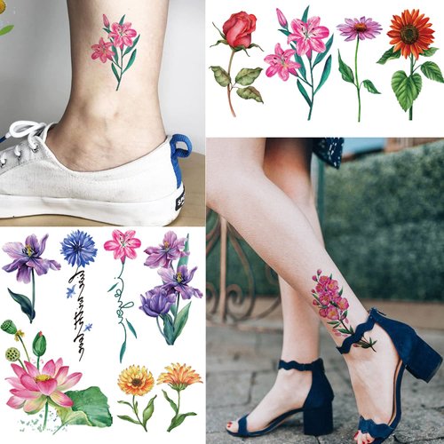 Tazimi 3D Flower Temporary Tattoos For Women Girls, 12 Sheets Waterproof Sunflowers Rose Leaf Floral Tattoos for Adult Women Face Body Art