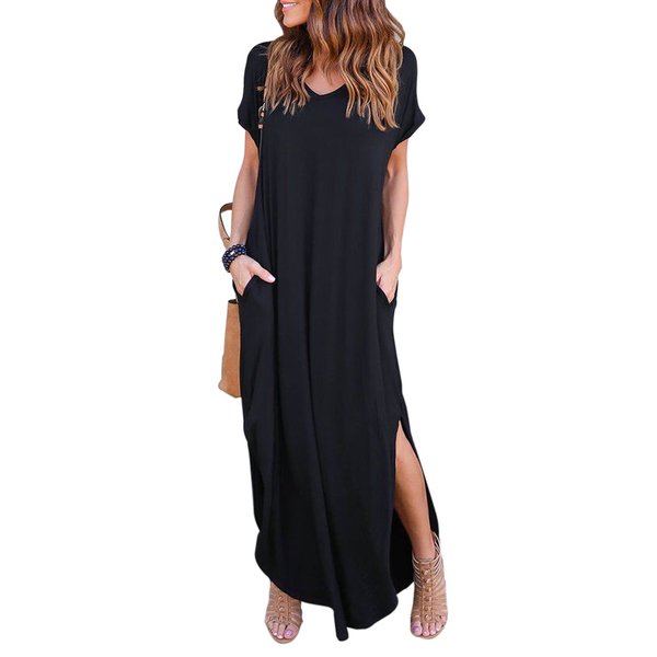 HUSKARY Women's Summer Maxi Dress Casual Loose Pockets Long Dress Short Sleeve Split