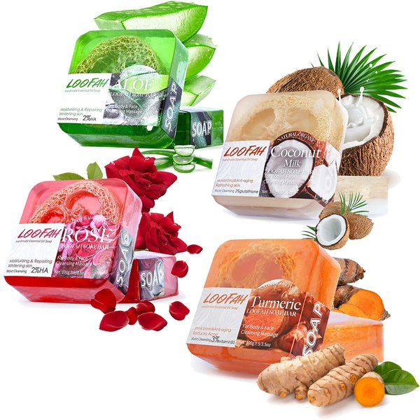Dapoprren Natural Loofah Soap Bar 4PCS,Exfoliating Natural Soap with Loofah Inside-[Turmeric,Aloe,Rose,Coconut Milk],Moisturizing Handmade Soap For Face and Body
