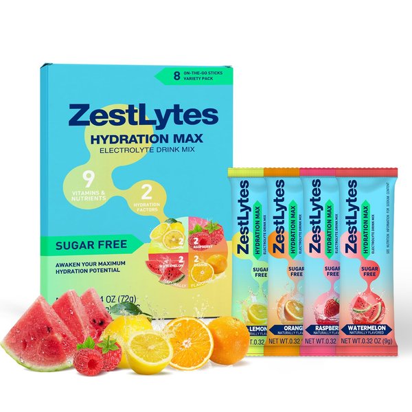 ZestLytes Hydration Powder Packets, Electrolyte Powder Drink Mix, Liquid Everyday IV Drink Mix for Rehydration Max | Sugar Free | 9 Vitamins & Nutrients | 2 Hydration Factors | 8 Sticks