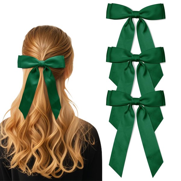 3Pcs Army Green Hair Bows for Women Double-Layer Long Tail Bow Hair Clip Hair Ribbon Ponytail Holder Hair Accessories for Girls Toddlers
