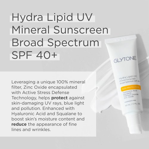 Glytone Hydra Lipid UV Mineral Sunscreen - Broad Spectrum SPF 40+ - With Titanium Dioxide, Zinc Oxide, Hyaluronic Acid & Squalane - 1.7 fl. oz.