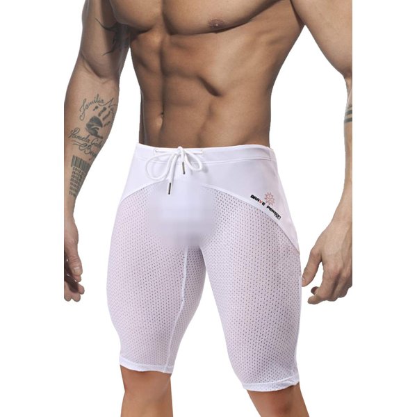 MIZOK Men's Yoga Capris Mesh Quick Dry Swimwear Workout Shorts(White,L)