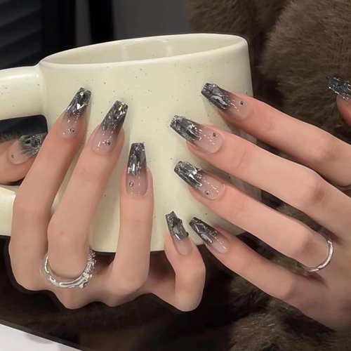 MISUD Press on Nails Long Coffin Fake Nails Glossy Glue on Nails Black Ombre Acrylic Nails Ballerina Goth Gradient Artificial Nails Rhinestone Stick on False Nails with Design 24 pcs