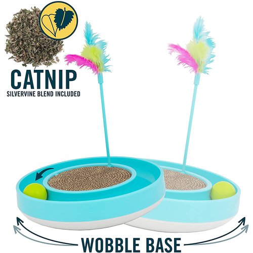 OurPets Wobble Scratch Track Cat Toy - Interactive Cat Toys for Indoor Cats with Cat Ball Track That Rolls, Feather Wand and Scratcher Pad. Great as a Kitten Toy for Self Play to Keep Them Busy