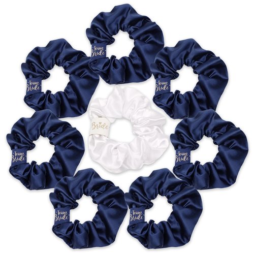 CIEHER 8 Pcs Hair Scrunchies for Bachelorette Party Favors, White Hair Scrunchie for Bride Pink Bridesmaid Scrunchies Hair Ties, Bridal Shower Bride Bridesmaid Proposal Gifts (White & Dark Blue)