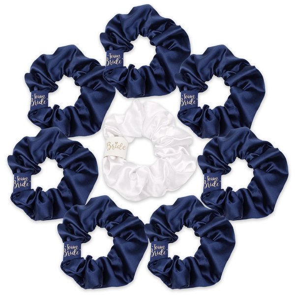 CIEHER 8 Pcs Hair Scrunchies for Bachelorette Party Favors, White Hair Scrunchie for Bride Pink Bridesmaid Scrunchies Hair Ties, Bridal Shower Bride Bridesmaid Proposal Gifts (White & Dark Blue)