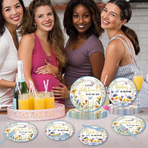 96PCS Wildflower Baby Shower Plates and Napkins Party Supplies A Little Wildflower Is On The Way Party Decorations Wildflower Disposable Tableware Set Serve 24 Guests