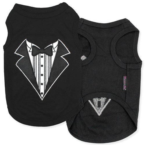 Parisian Pet Dog Tshirt - Embroidered “ Tuxedo “ Dog Shirt - 100% Cotton and Lightweight Dog Clothes - Sleeveless Black Dog Tee Shirts - Machine Washable Dog Shirts for Small Dogs - Pet Vest - XXS