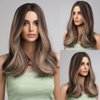 Qihang Ombre Brown Wigs for Women Highlight Middle Part Long Wavy Wig Shoulder Length Natural Synthetic Wigs Mixed Brown Ombre Wig for Daily Party Use