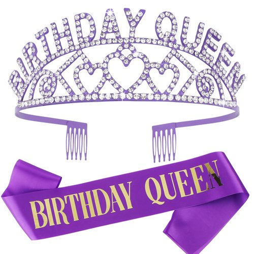 CIEHER Purple Birthday Sash & Queen Crown Kit, Purple Birthday Decorations, Purple Crown Purple Tiara, Birthday Crowns for Women Girls Purple Birthday Crown, Birthday Gifts for Women