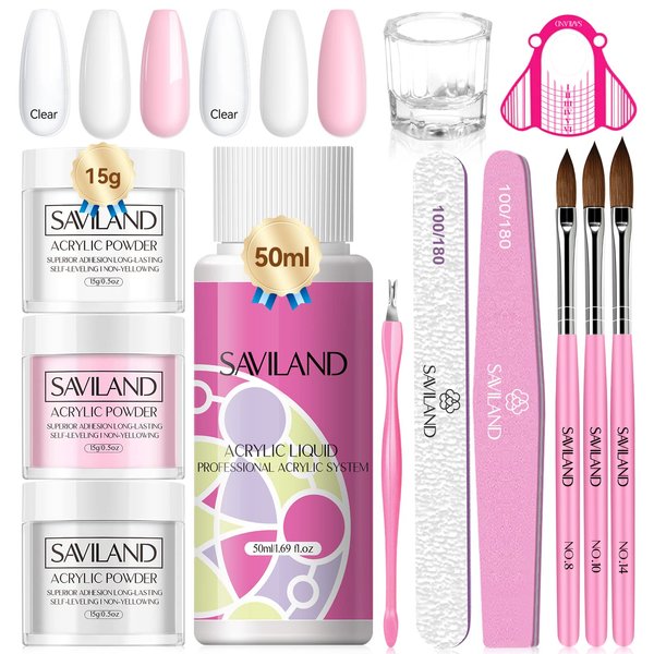 Saviland Acrylic Nail Kit: 0.5Oz Clear/White/Pink Acrylic Powder and Liquid Set with Nail Brush Nails Kit Professional Acrylic Powder Nail Kits for Beginners Nail Extension Home DIY & Nail Salon