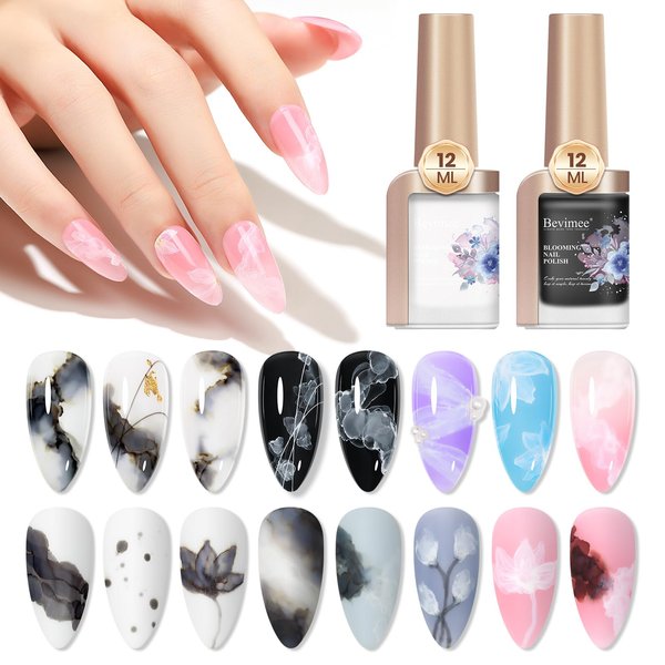 Bevimee Blooming Gel Nail Polish Marble Nail Polish 12ML Watercolor Marble Ink for Nails Black & White, Spreading Magic Blossom Effect Flower Nail Art Design Manicure DIY At Home, 2PCS