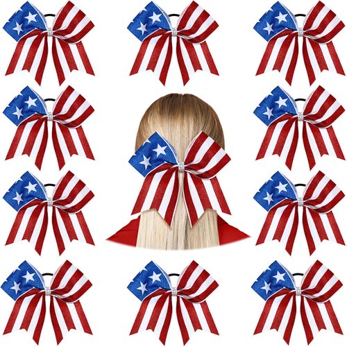 10 Pcs 4th of July Glitter Cheer Hair Bows 8'' Patriotic Cheerleader Hair Bows Red White Blue America Flag Hair Bow with Elastic Ponytail Holder Independence Day Hair Accessory for Kids (Classic)
