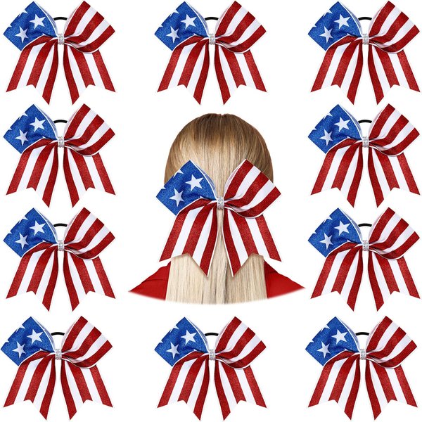 10 Pcs 4th of July Glitter Cheer Hair Bows 8'' Patriotic Cheerleader Hair Bows Red White Blue America Flag Hair Bow with Elastic Ponytail Holder Independence Day Hair Accessory for Kids (Classic)