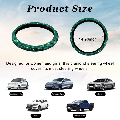 Dickno Bling Steering Wheel Cover, 15 Inch Crystal Diamond Car Steering Wheel Protector for Women Girls, Sparkling Anti-Slip Steering Wheel Decor Accessories for Most Vehicles (Green)