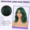 Dark Green Wavy Bob Wig with Curtain Bangs Synthetic Short Green Curly Bob Wigs with Bangs for Women Bob Curly Wavy Wig Natural Hair Shoulder Length Wigs for Women(Green)