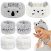 AHONEY Face Wash Headband and Wristband Set, Cute Makeup Spa Skincare Headbands Wrist Bands for Washing Face Headband for Women Girls Elastic Animal Hair Band (White&Grey)