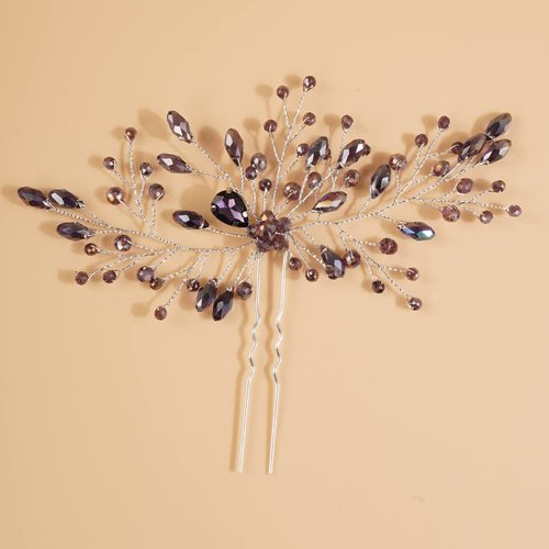 Teyglen Bridal Rhinestones Hair Pins Rhinestones Crystals Wedding Bride Hair Accessories Gold Silver Purple Blue Rhinestones Hair Pieces for Women (Purple)