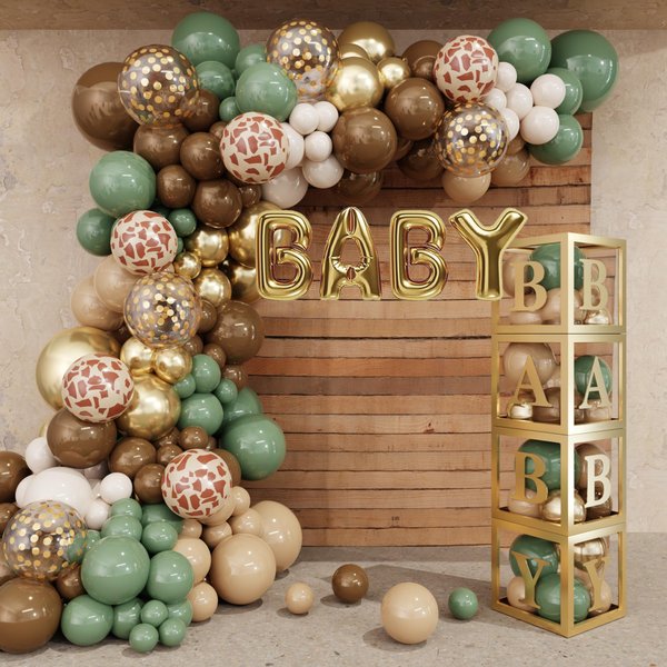 Amandir 137pcs Woodland Animals Baby Shower Decoration Baby Boxes Sage Green Brown Balloon Garland Arch Kit Woodland Themed Animal Foil Balloons for Neutral Forest Jungle Safari Party Supplies
