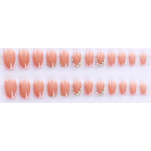 MERVF Square Press on Nails Medium Fake Nails Press ons Pink French Tip Glue on Nails with Rhinestones Design Squoval Flower Acrylic False Nails Glossy 24pcs