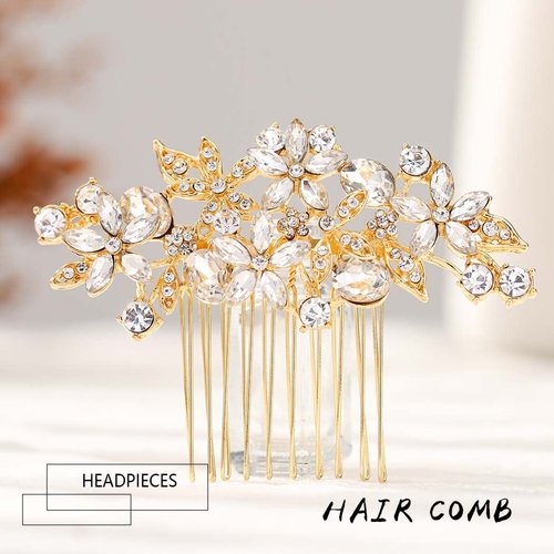Foyte Crystal Bride Wedding Hair Comb Silver Flower Bridal Headpieces Leaf Hair Pieces Rhinestone Bridesmaid Side Combs Hair Accessories for Women and Girls (gold flower)