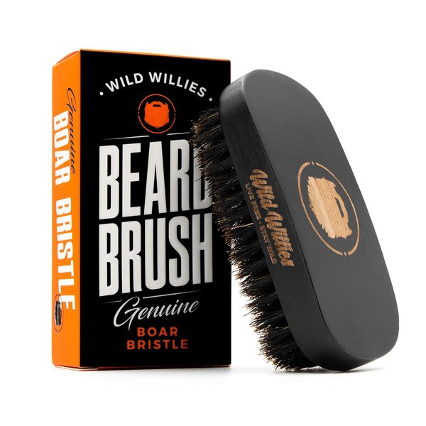 Wild Willies Natural Boar Bristle Beard Brush for Men - Professional Beard and Mustache Grooming Brush with Ergonomic Wooden Handle - Small Travel Pocket Size Beard Detangler, Smoothens, Softens