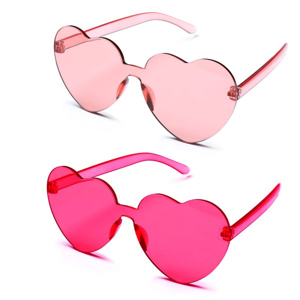 4E's Novelty 2 Pack Heart Shaped Sunglasses for Women - Transparent Light Pink & Hot Pink Color Rimless Glasses, Valentines Party Fashion Accessories