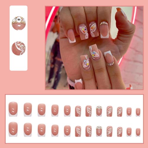 YoYoee French Press on Nails Short Square False Nails Butterfly Fake Nails Full Cover Cute Nails Tips for Women and Girls 24PCS