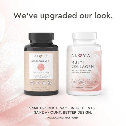 Alaya Naturals Hydrolyzed Multi Collagen Peptides Protein Capsules - Type I, II, III, V, X Grass-Fed Bovine, Chicken, Marine Collagen Supplement with MSM + GC (Capsules - 120 Count)