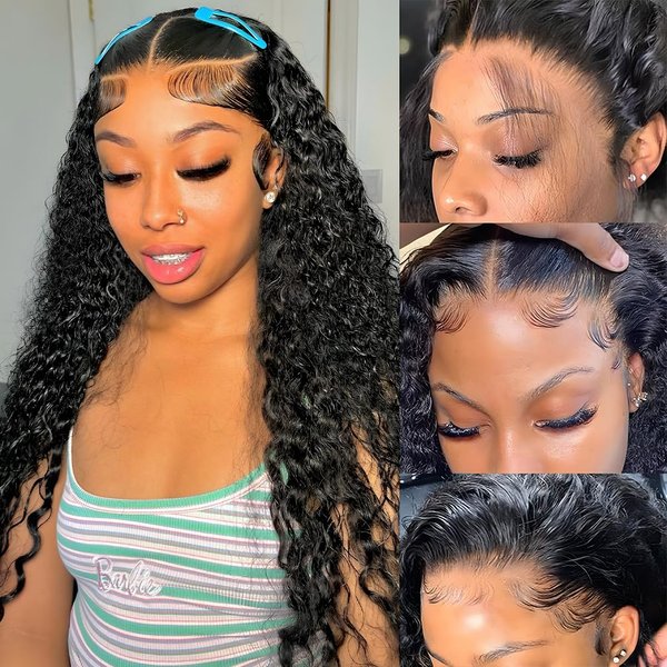 13x4 Wear and Go Glueless Wigs Human Hair Pre Plucked Pre Cut Curly, 22 Inch Deep Wave Lace Front Wigs Human Hair with Baby Hair, 180 Density HD Invisible Lace Frontal Wigs Human Hair for Women