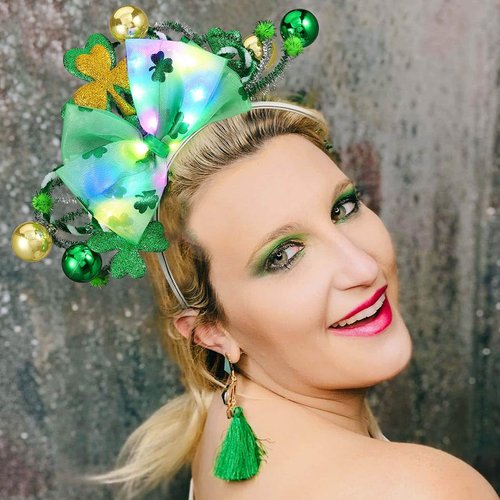 Kisshine Light Up Headband LED St Patrick's Day Headbands Green Bowknot Hair Band Shamrock Festival Rave Costume Hair Accessories for Women and Girls