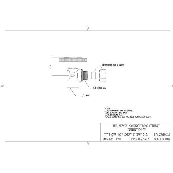 Keeney 2780PCLF 1/2-Inch Copper Sweat by 3/8-Inch O.D. Quarter Turn Angle Valve, Chrome