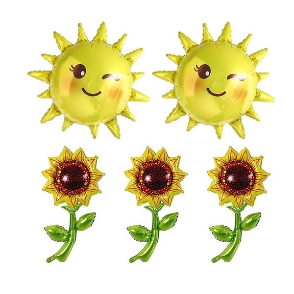 AnnoDeel 5pcs Sunshine Sunflower Foil Balloons, 36inch Lovely Smile Sunshine Mylar Balloons for Birthday Baby Shower Sunflower Birthday Wedding Sunmmer Party Decoration