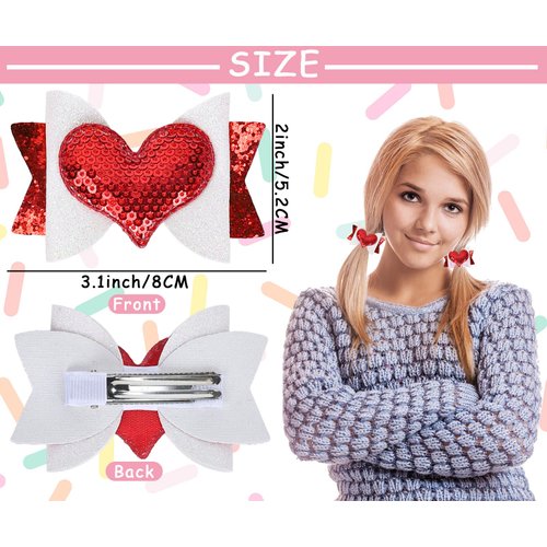Whaline 4Pcs Valentine's Day Hair Bow Clips Heart Sequins Hairgrips Glitter Red Pink Hair Barrettes Sparkly Alligator Hair Pins for Girls Toddlers Teens Wedding Birthday Party Hair Accessories