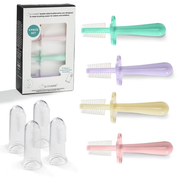 grabease Finger Toothbrush for Toddler Baby Toothbrush Baby Training Double Sided Toothbrush, BPA-Free & Phthalate-Free for Baby & Toddler, 4 Pack, Lavender, Blush Mint, Yellow