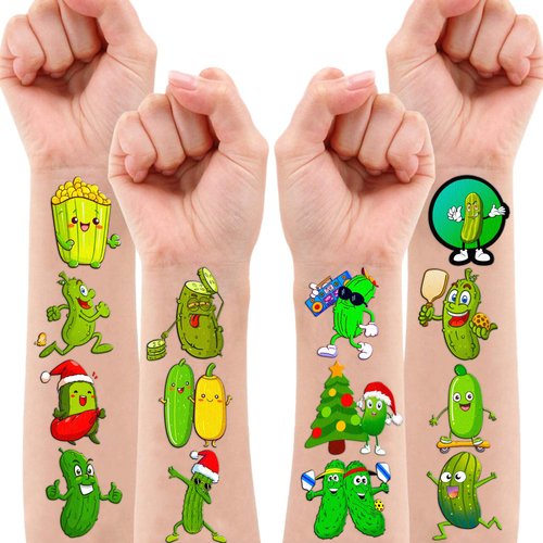96PCS Funny Pickle Temporary Tattoos Stickers Themed Birthday Party Decorations Supplies Favors Decor Cool Green Pickles Cucumber Fruits Tattoo Gifts For Kids Adults Boys Girls School Prizes Carnival